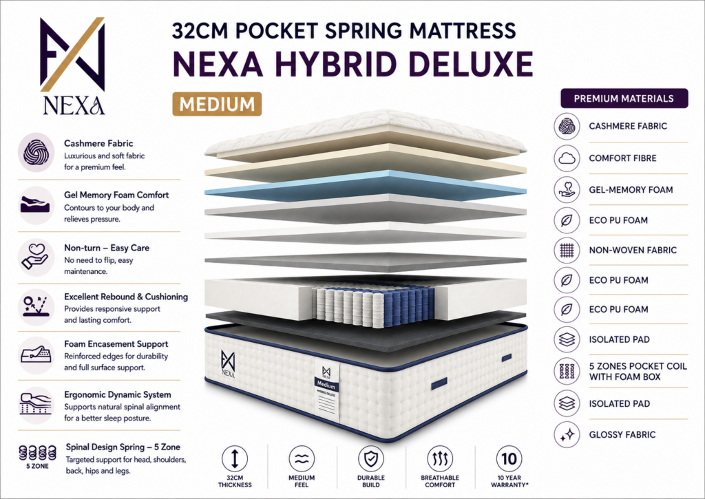 Exploded view of NEXA 32cm pocket spring mattress showing layered components from quilted top to base.