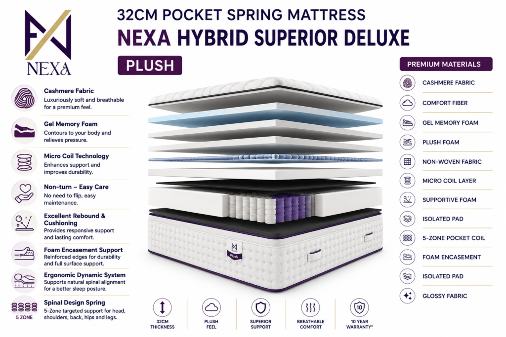 Exploded view of a NEXA Plush 32 cm pocket-spring mattress showing stacked layers and labeled components on both sides of the image (materials, memory foam, springs, and quilted cover).