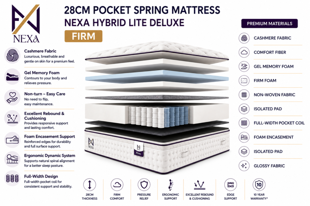 Exploded view of a 28cm NEXA Firm hybrid mattress showing layered foam, coils, and top quilted cover.