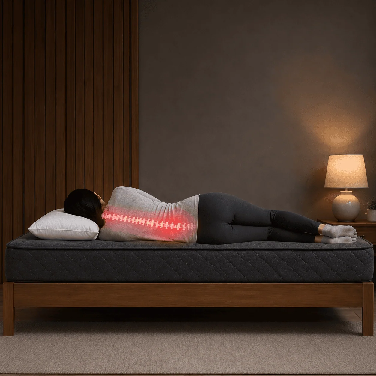 Person lying on their side on a bed, with a red highlight along the spine to indicate back support and posture alignment