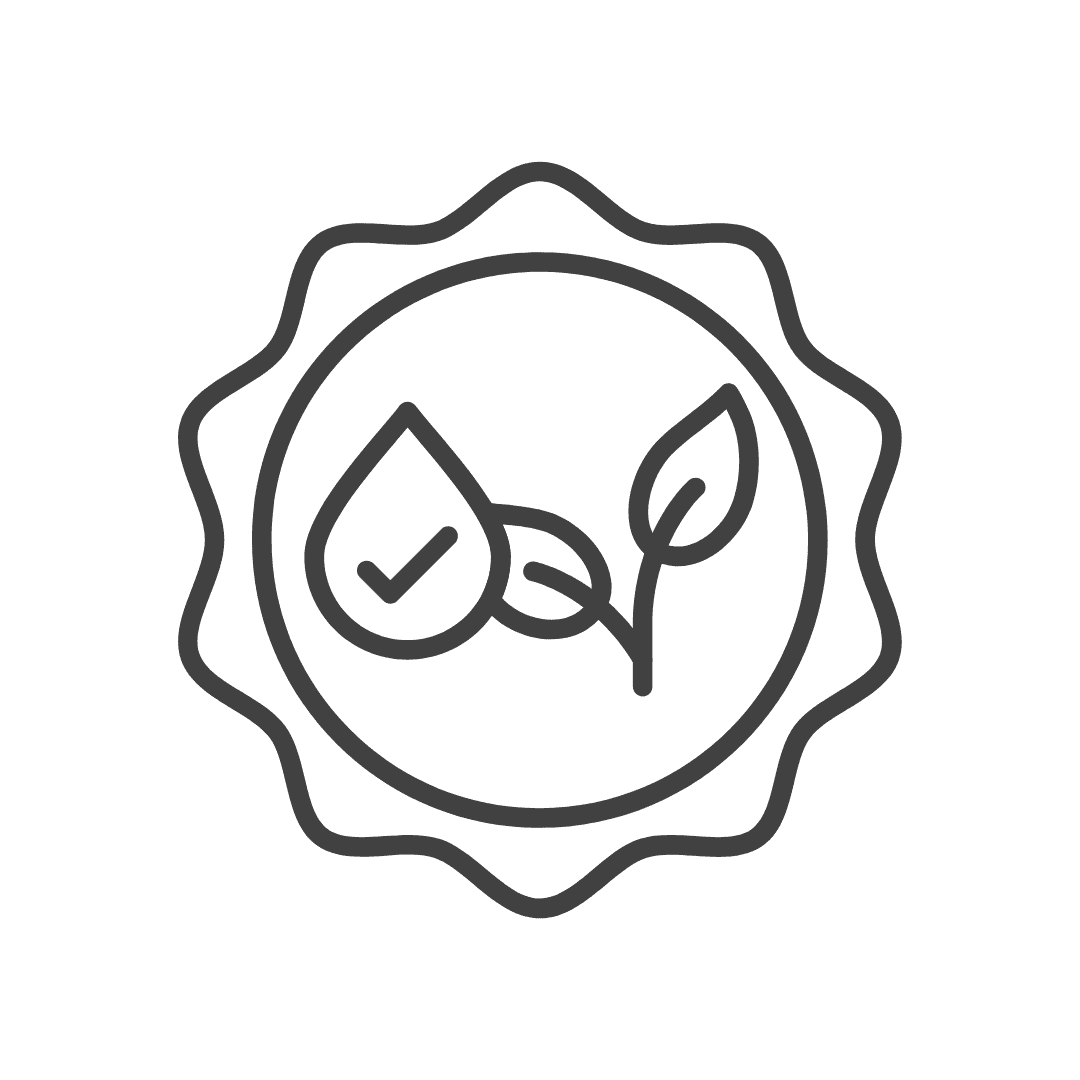 Sustainability certification badge with a leaf and a checkmark.