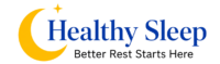 Logo for Healthy Sleep featuring a yellow crescent moon and star beside blue text 'Healthy Sleep' and the tagline 'Better Rest Starts Here' in dark lettering.