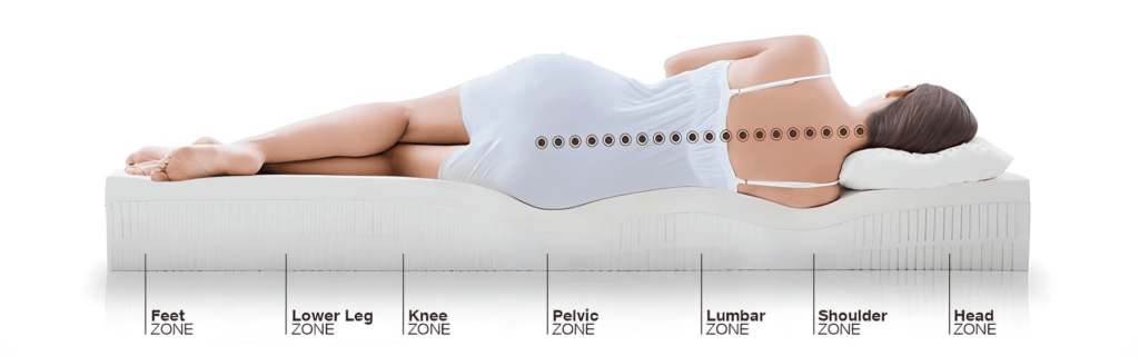 Side view of a person sleeping on a curved mattress, illustrating spinal alignment with zones labeled from feet to head (Feet, Lower Leg, Knee, Pelvic Zone, Lumbar Zone, Shoulder Zone, Head Zone).