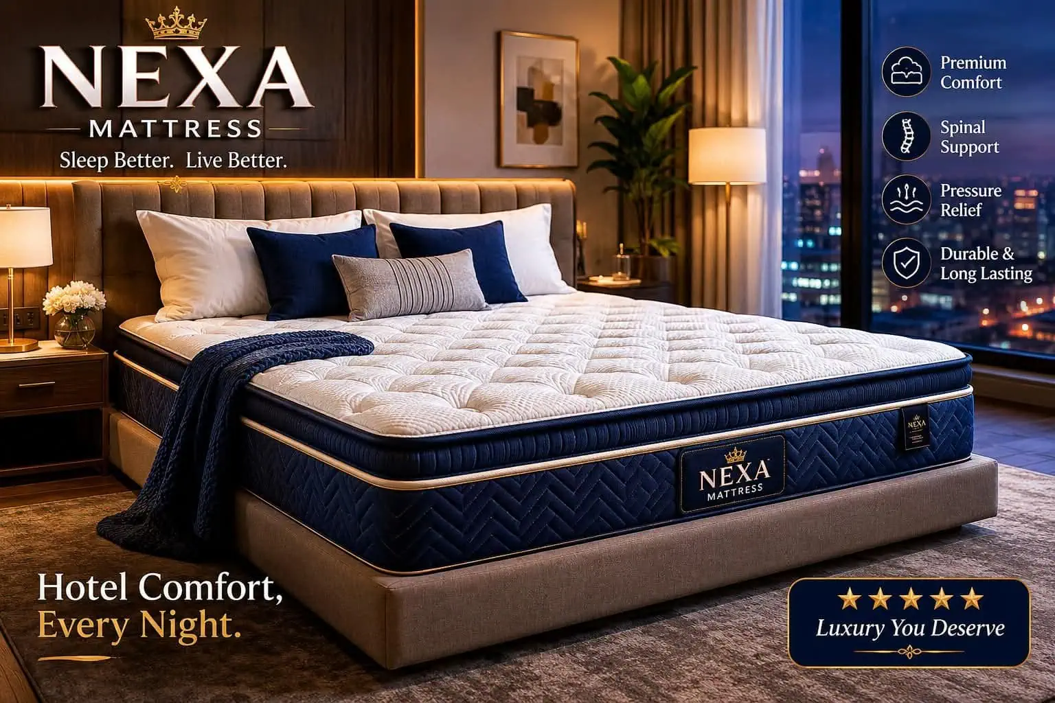 Luxurious hotel bedroom showcasing a king bed with a padded headboard and two nightstands, advertising NEXA Mattress.