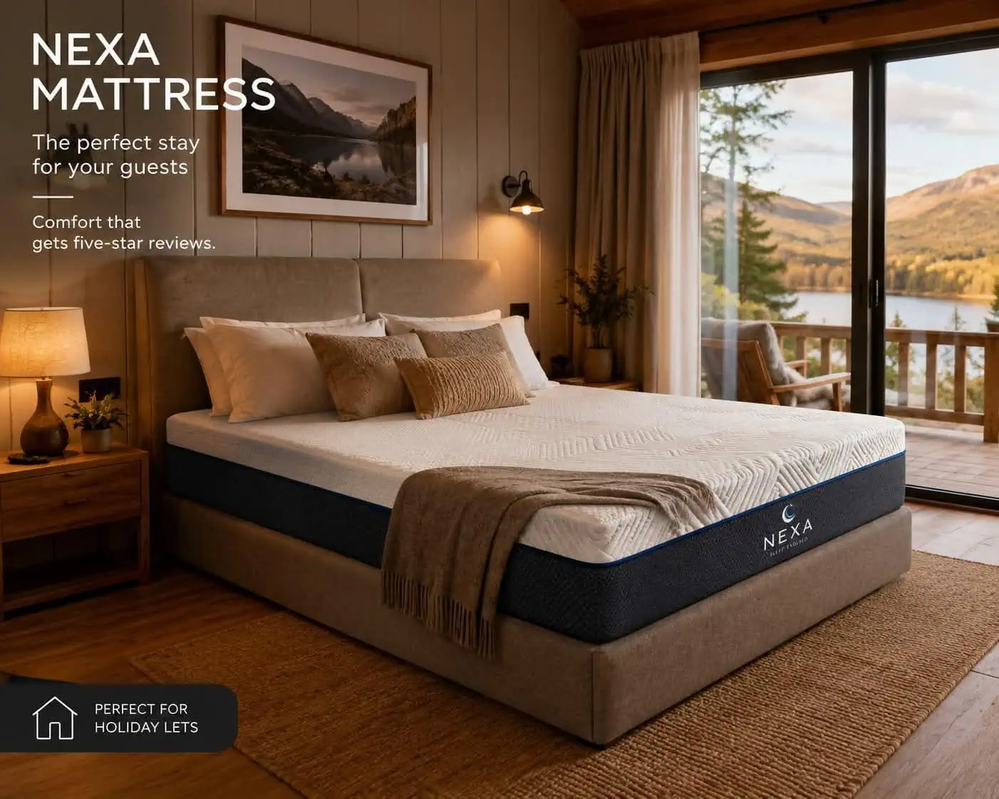 Hotel bedroom with a NEXA mattress on a king bed, soft pillows, and a balcony overlooking mountains and a lake.