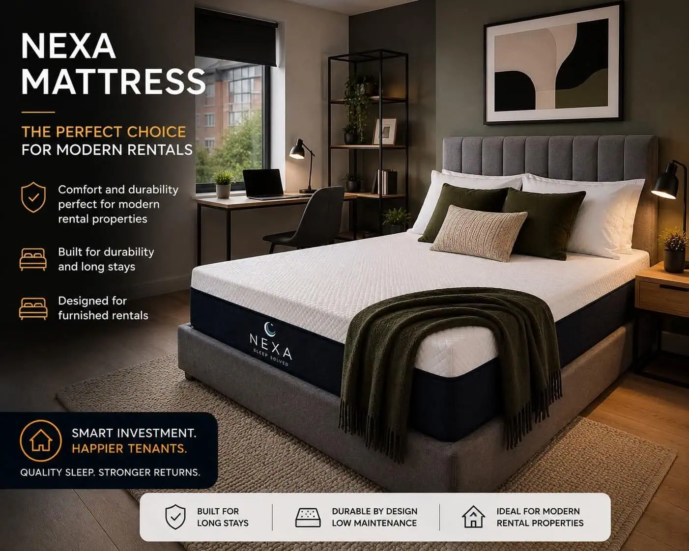 Advertisement showing a modern bedroom with a NEXA mattress; left column lists benefits for modern rentals.
